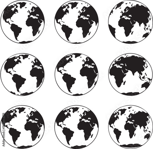 black and white globe illustrations from different angles  earth maps