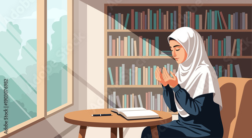 Young Muslim Woman Praying Solat in a Bright Room with Bookshelf