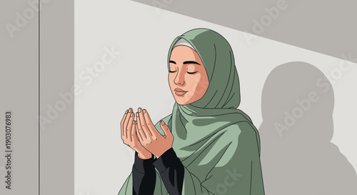Young Muslim Woman Praying with Hands Raised in a Peaceful Pose