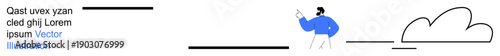Digital transformation, cloud technology, online communication, futuristic concepts, business workflow, data sharing. Stylized person gesturing towards a line-art cloud. Digital transformation