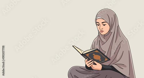 Young Muslim Woman Reading Quran in Hijab, Religious Education, Islamic Culture