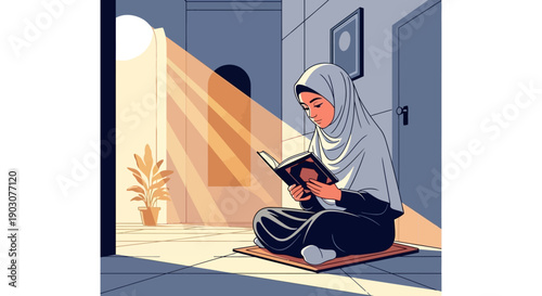 Young Muslim Woman Reading Quran Indoors with Sunlight Rays