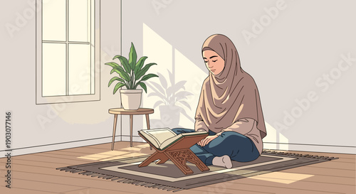 Young Muslim Woman Reading Quran on Prayer Mat in Sunlit Room