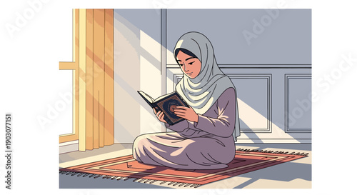 Young Muslim woman reading Quran on prayer mat in sunlit room