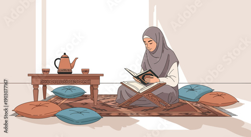 Young Muslim Woman Reading Quran on Prayer Mat with Tea Set
