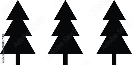 Black pine tree silhouette icons, minimalist spruce forest symbols, evergreen coniferous wood graphics, nature outdoor landscape elements for Christmas and winter