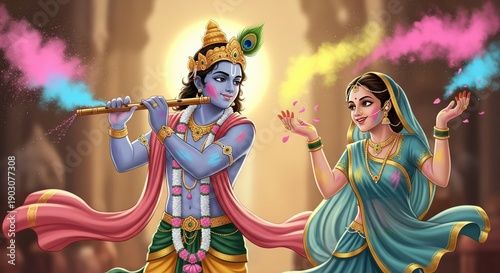 Radha Krishna Playing Holi with Colorful Gulal, Divine Festival Illustration