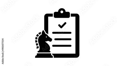 Strategic Planning Checklist and Execution Icon. Chess Knight Symbolizing Business Strategy, Goals, and Successful Task Completion.