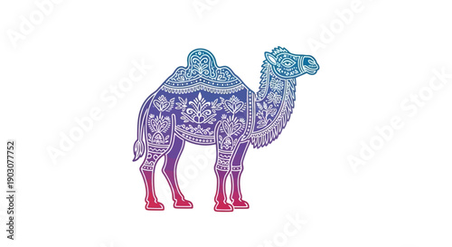 Beautifully Decorated Gradient Camel Illustration with Intricate Ethnic Patterns