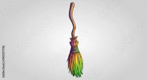 Whimsical Cartoon Witch's Broomstick Illustration with Vibrant Bristles Floating on a Soft
