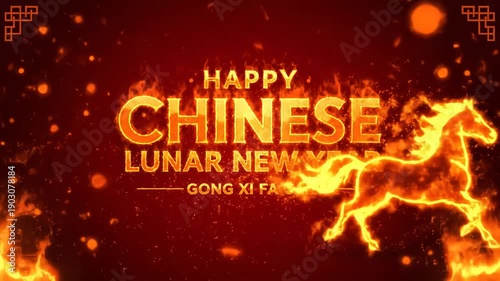 Fiery Horse and Chinese Lunar New Year Greeting with Festive Elements