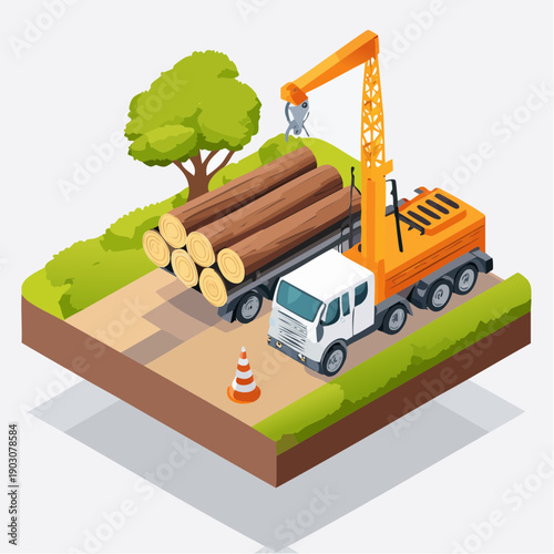 Logging truck with crane and logs