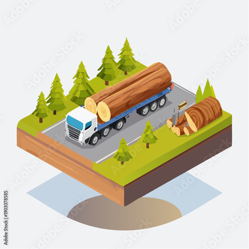 Logging truck transports wood logs through forest
