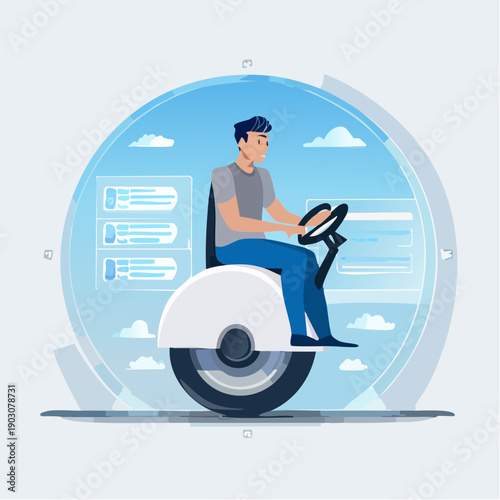 Man riding a futuristic unicycle on a sky background