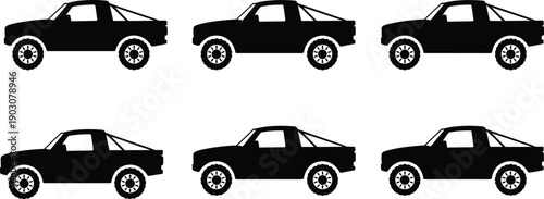 Collection of six identical black silhouette of a pickup truck with a roll bar in the bed vehicle