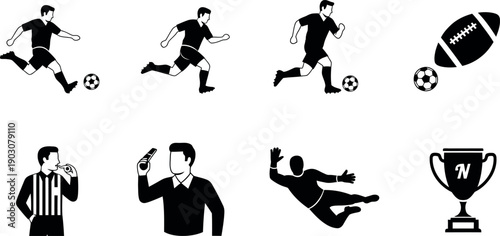 Black and white silhouette sports icons set including soccer players rugby ball referee coach and trophy