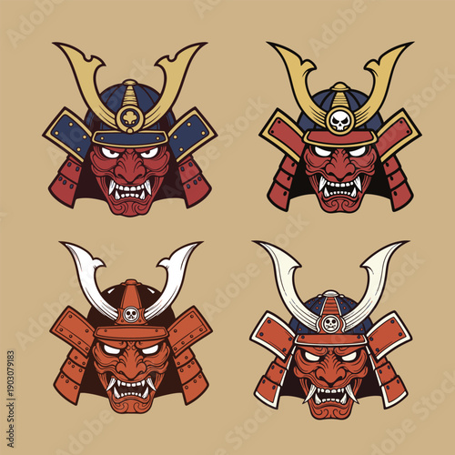 Japanese Samurai Oni Mask Collection on Beige Background
