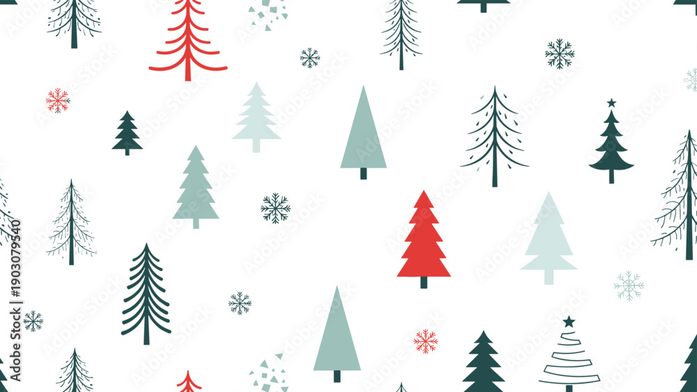 Obraz premium Winter seamless pattern with stylized evergreen trees and snowflakes in red and green colors on white background for holiday design.