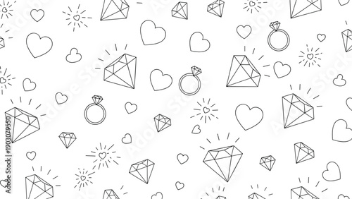 Simple line art pattern with diamonds rings and hearts on white background for jewelry store branding or wedding theme design.