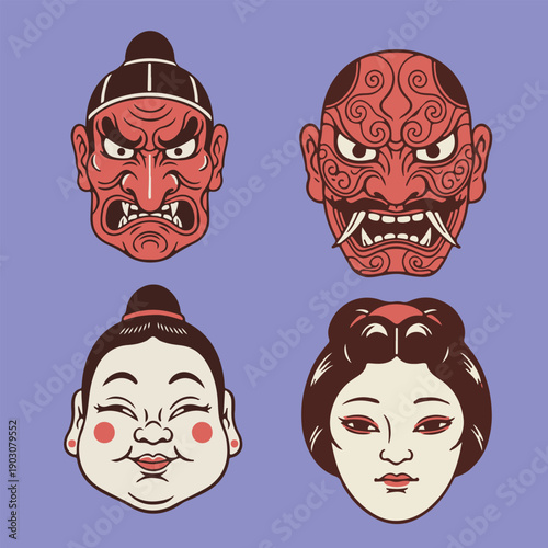 Traditional Japanese Mask Collection with Female Faces