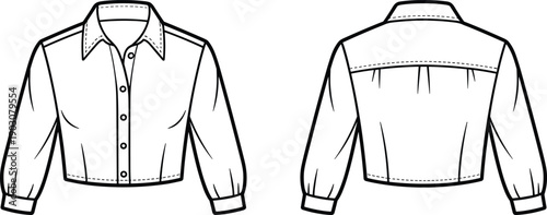 Detailed fashion of a classic collared long-sleeved cropped blouse presented in front and back views showcasing button closure and cuff details