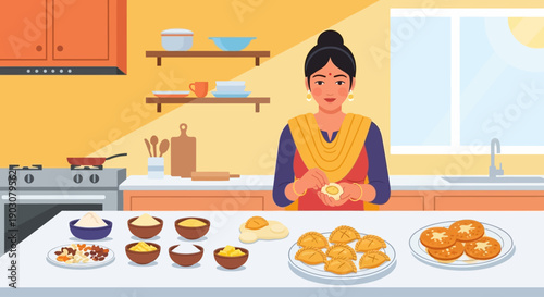 This flat design vector illustration showcases an Indian woman preparing traditional Holi delicacies in a clean kitchen setting. 