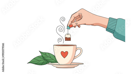Close up of a hand dipping a tea bag into a ceramic cup with a heart and steam for a cozy tea time concept on white background.