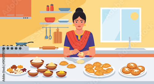 This flat design vector illustration showcases an Indian woman preparing traditional Holi delicacies in a clean kitchen setting. 
