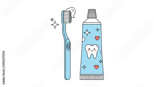 Blue toothbrush and toothpaste tube with a smiling tooth character and hearts for daily dental hygiene and oral care routine.
