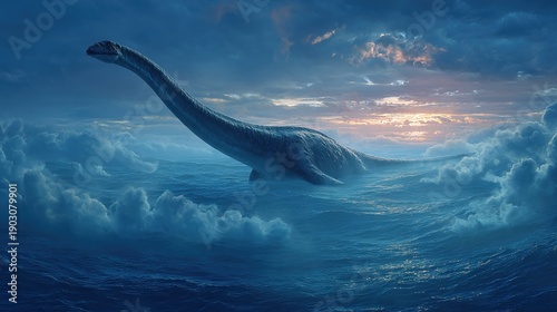 plesiosaur. Plesiosaur emerging from a deep blue prehistoric ocean with a misty volcanic background. wildlife magazines, conservation campaigns, designed for nature documentaries and education.