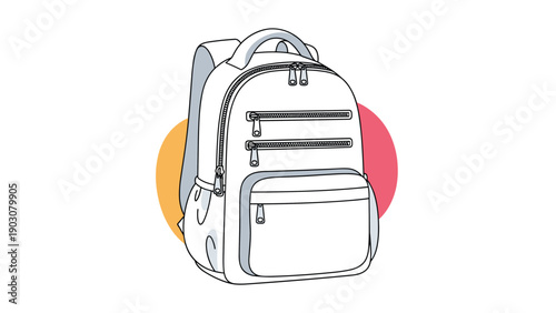 White school backpack with multiple compartments and zippers isolated on a background with colorful abstract circles.