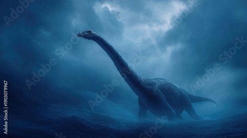 plesiosaur. Plesiosaur emerging from a deep blue prehistoric ocean with a misty volcanic background. wildlife magazines, conservation campaigns, designed for nature documentaries and education.