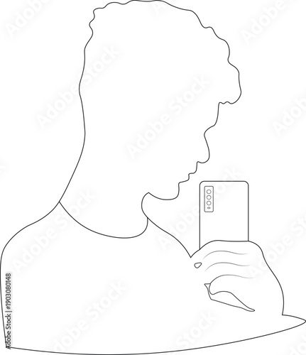 This is a minimalist line art illustration of a young man taking a selfie with his smartphone.