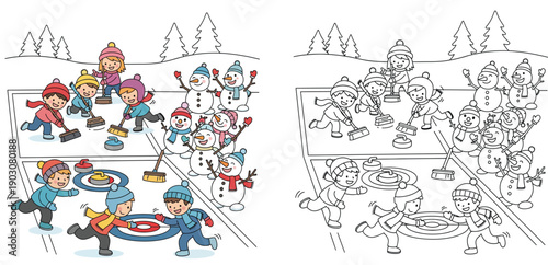 Cartoon children playing curling winter sport with snowmen crowd. Vector illustration with color and black and white outline for coloring book.