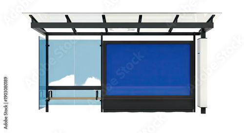 Modern Bus Stop Shelter with Blue Screen and Bench