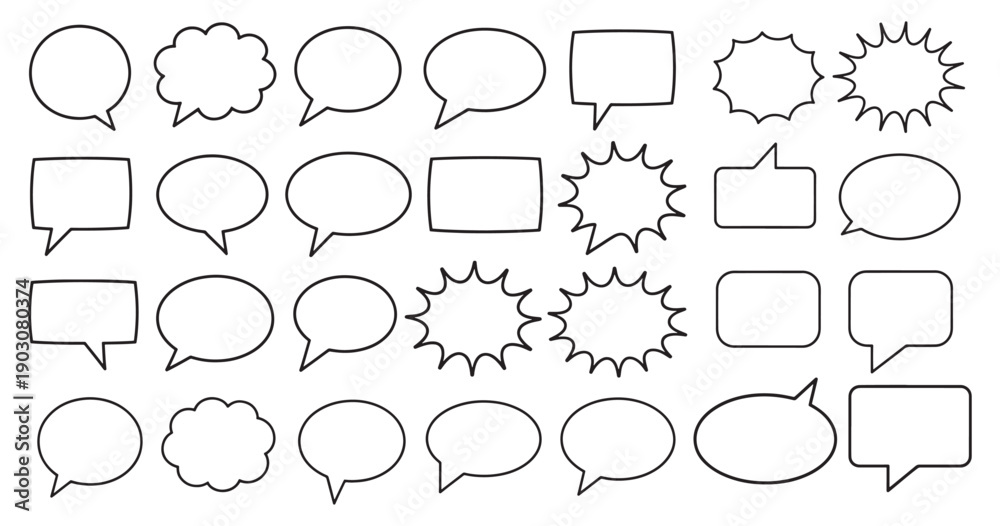 Fototapeta premium Comic speech bubble set, essential for pop art, retro comics, and cartoon design. Includes explosion shapes, talk balloon templates, and dialogue boxes for creative projects, stickers, and comics