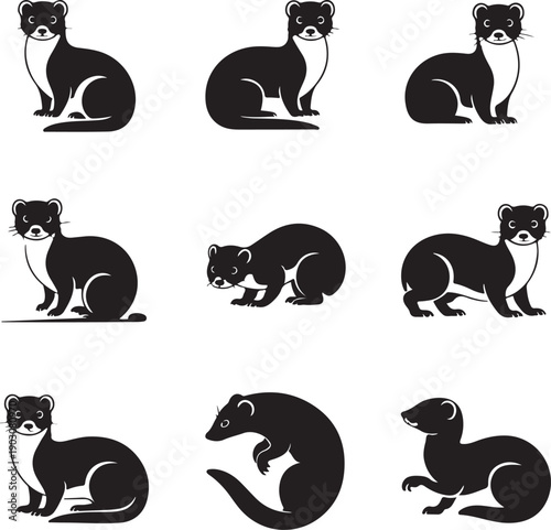 Collection of ferret silhouettes in various poses on white background