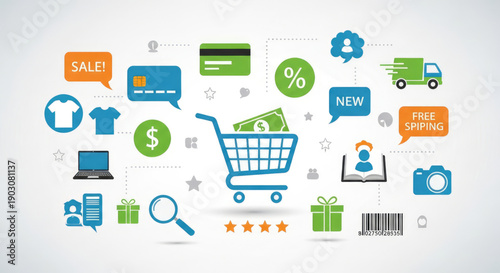 A colorful vector graphic illustration of an online shopping cart surrounded by various e-commerce related icons and symbols.