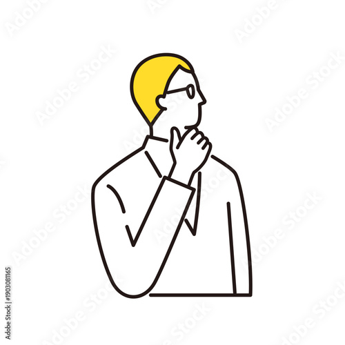 悩むメガネをかけた男性　線画イラスト