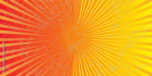 Retro pop art comic book background featuring converging orange and yellow radial lines, complemented by halftone dots, creating a dynamic and vibrant visual effect