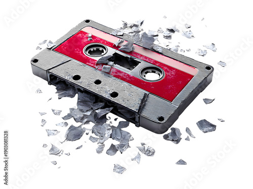 Shattered red cassette tape explodes into pieces isolated on a white or transparent background