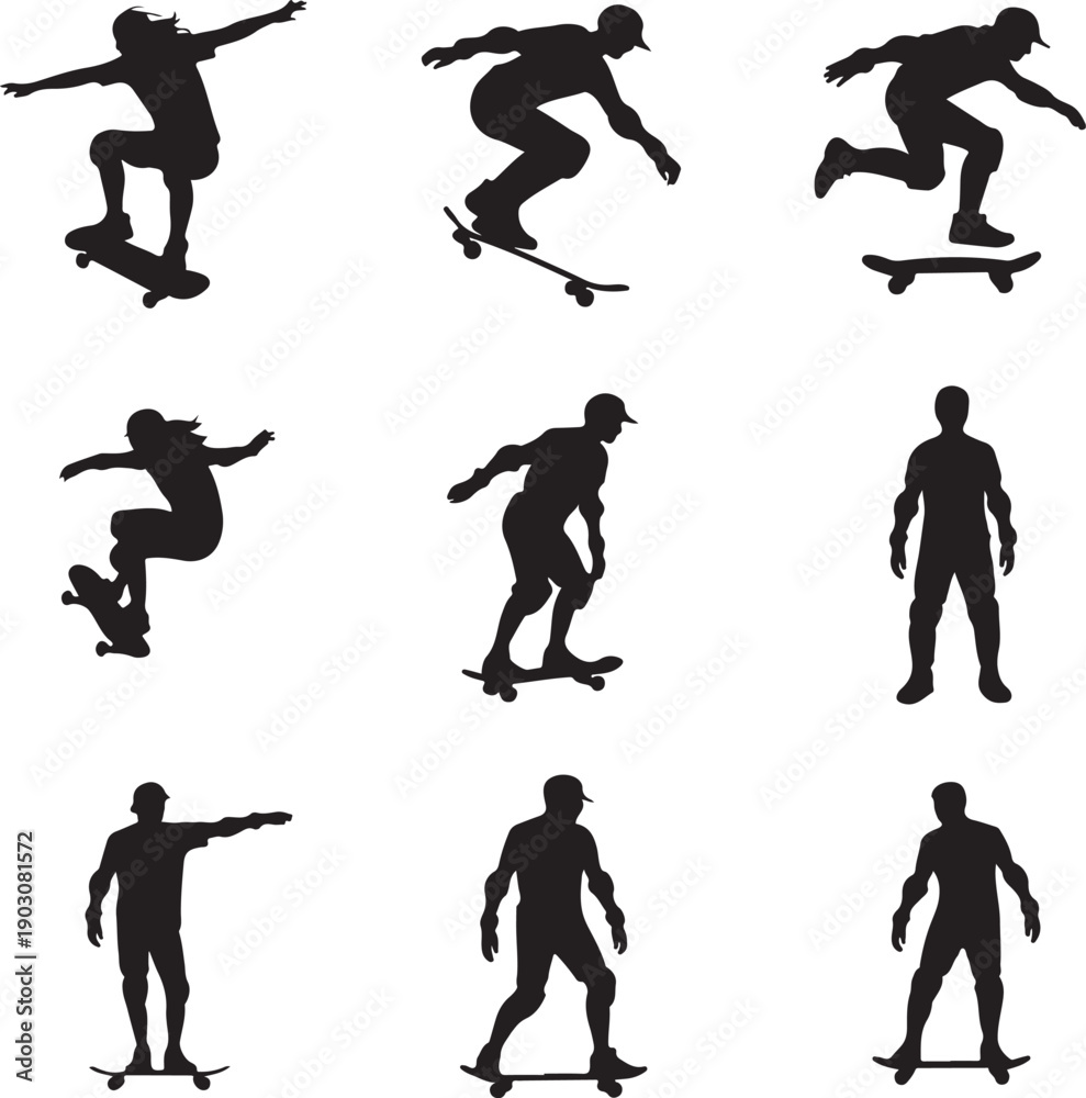 Obraz premium Collection of silhouette skateboarders performing tricks and stunts
