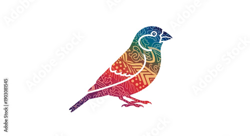 Vibrant ornamental bird silhouette with intricate patterns and a rainbow color gradient on a white