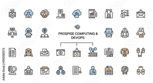DevOps and Computing Icons: Cloud, Data, Network, Security, Strategy, Business