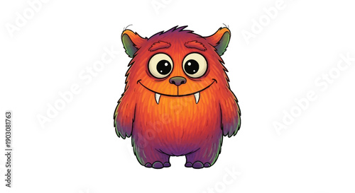Cute cartoon monster illustration with big eyes and a friendly smile standing on a white background
