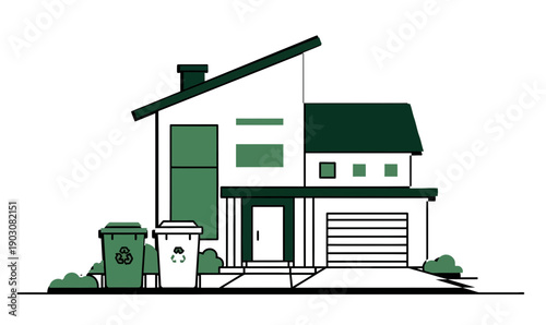 Minimalist illustration of a modern suburban house with green recycling bins in front, symbolizing eco-friendly living and waste management
