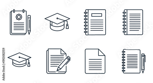 Collection of educational and academic symbols graduation caps, notebooks, and documents with pens, representing learning and knowledge acquisition