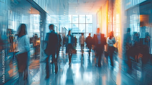 Abstract motion blur of business team in modern open office, energetic workplace scene representing teamwork and productivity