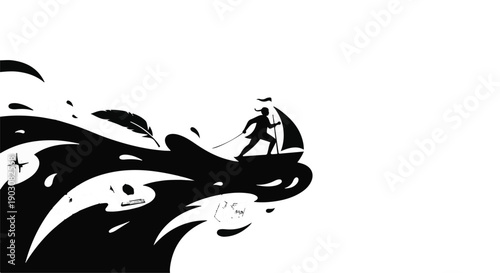 Lone figure navigates stormy seas on a small sailboat, symbolizing determination and adventure.