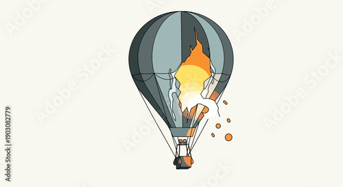 Burning hot air balloon in flight with flames and smoke on gray background
